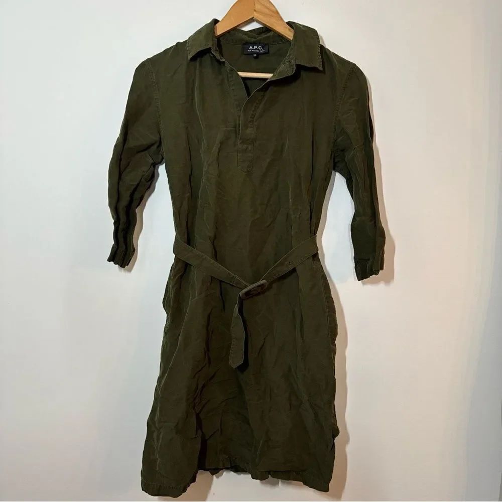 A.P.C. Linen And Silk Belted Green Shirt Dress Size XS